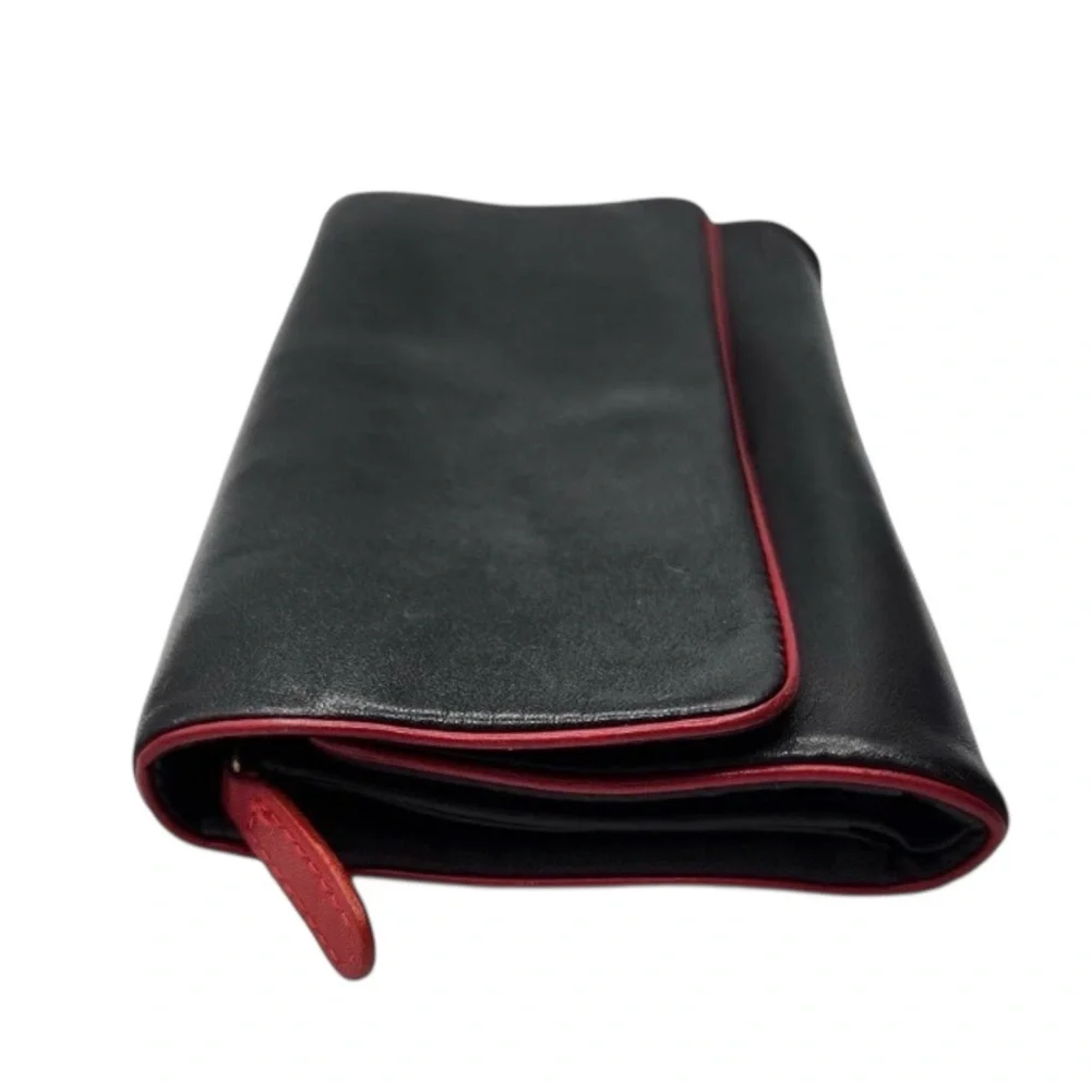 Vintage Lodis Los Angeles Smooth Black Leather Wallet Clutch Red Trim Zip Coin